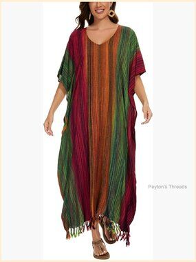 Stripe Kaftan Maxi Plus Size Loungewear Rayon Fringe